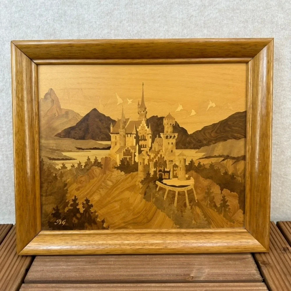 Wood Inlay Marquetry Art Neuschwanstein Castle German Made Framed Landscape